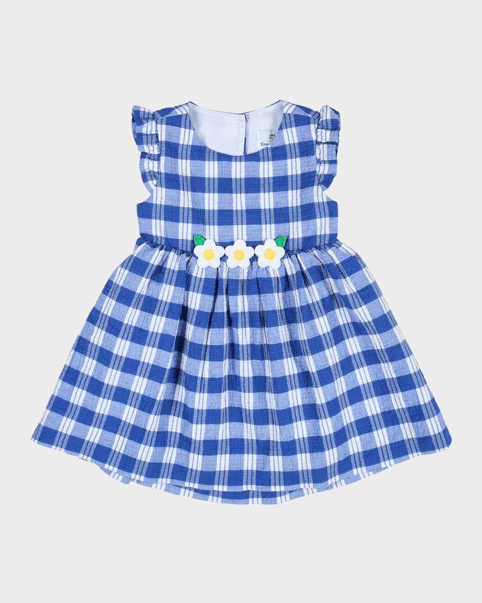 Girl's Plaid-Print Seersucker Dress W/ Floral Appliques, Size 2-6